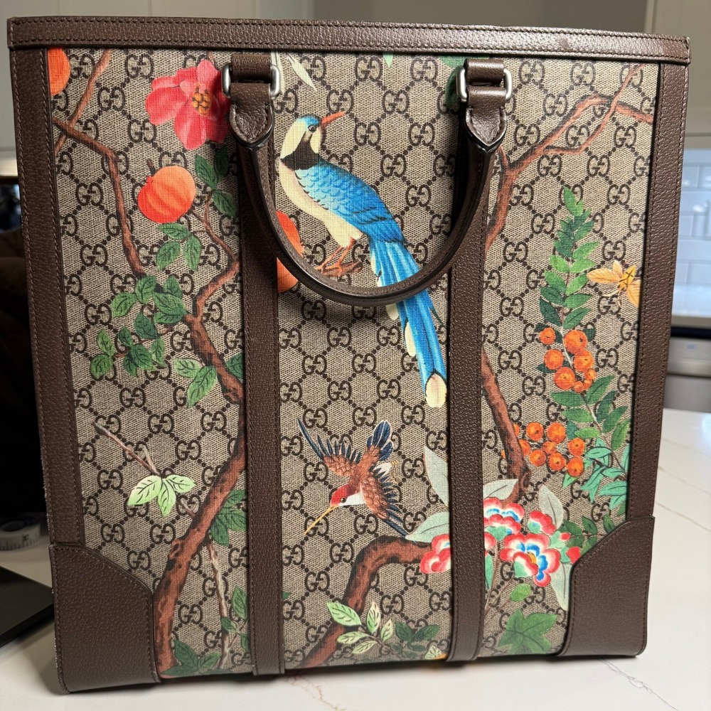 Gucci Tian GG Supreme Vertical Tote 406387 Floral Bird Web Strap Large